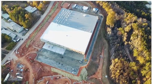 Aerial view of a completed warehouse structure
